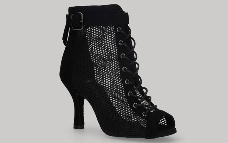 Zapato tipo botín para baile de salón de malla y ante negro con cordones y cremallera en talón