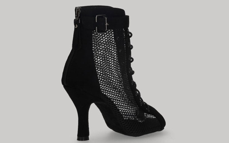 Zapato tipo botín para baile de salón de malla y ante negro con cordones y cremallera en talón