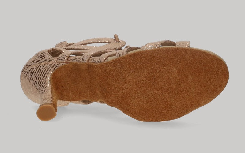 Zapato abotinado para baile de salón oro con tiras cruzadas con cordones y cierre cremallera en el talón