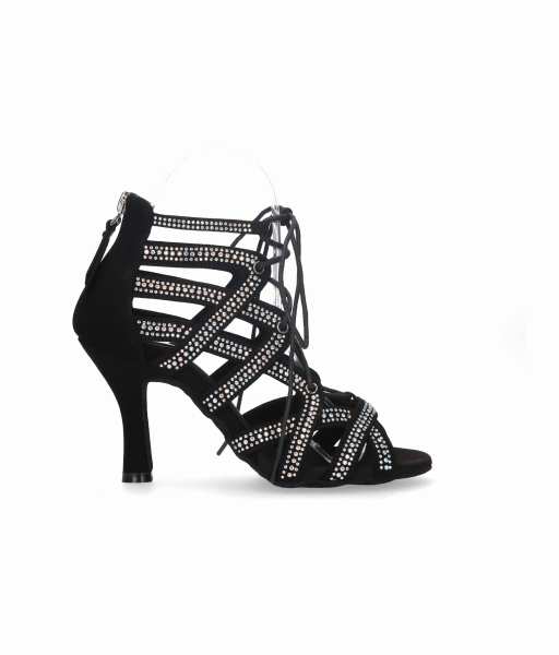 Black ankle boot for ballroom dancing with criss-cross crystal rhinestone straps, laces, and a zipper closure on the heel