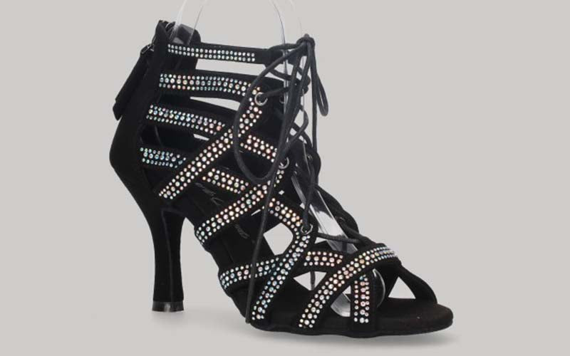 Black ankle boot for ballroom dancing with criss-cross crystal rhinestone straps, laces, and a zipper closure on the heel