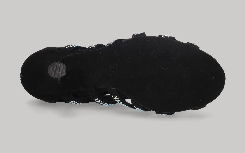 Black ankle boot for ballroom dancing with criss-cross crystal rhinestone straps, laces, and a zipper closure on the heel