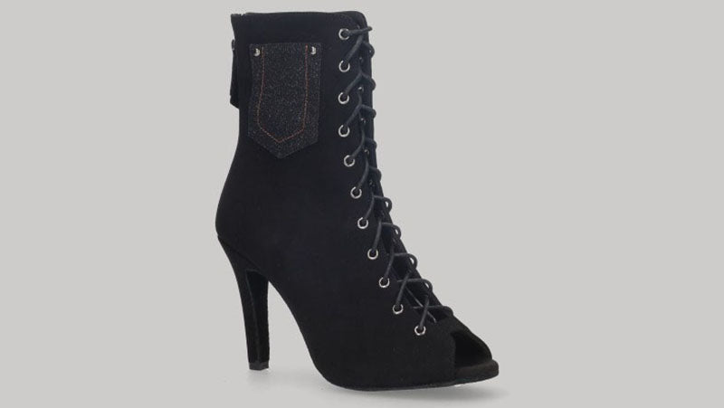 Zapato abotinado para baile de salón de ante negro con cordones y cierre de cremallera en talón