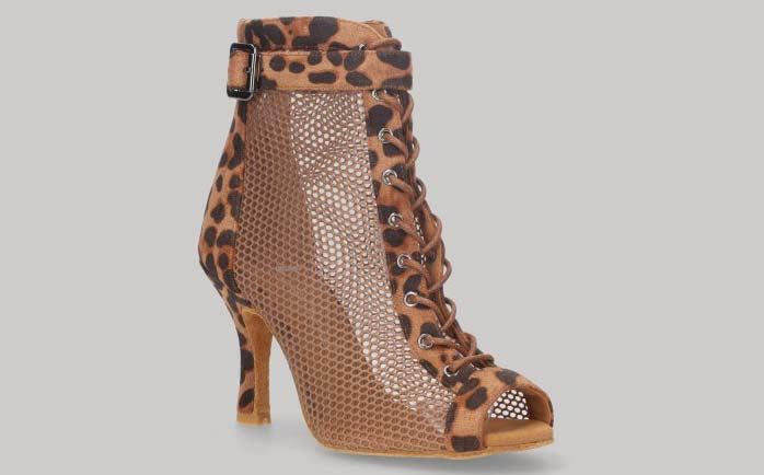 Zapato tipo botín para baile de salón de malla y fantasía leopardo con cordones y cremallera en talón