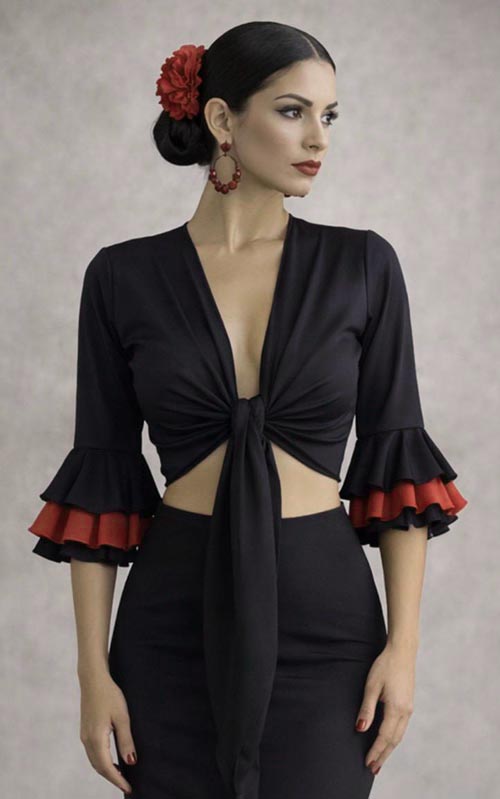 Black stretch knit flamenco cardigan with black and red ruffled 3/4 sleeves