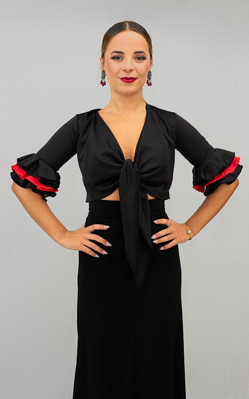 Black stretch knit flamenco cardigan with black and red ruffled 3/4 sleeves