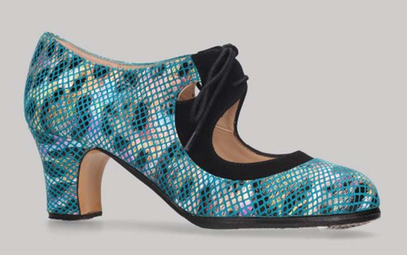 Zapato de baile flamenco profesional piel fantasía multicolor y ante negro con cordones