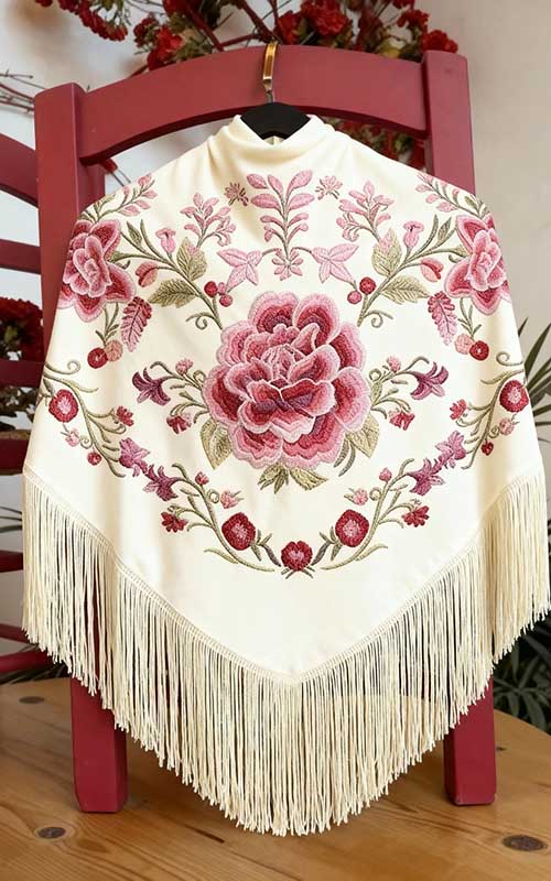 Mantón Suspiro beige bordados de flores sutil en tonos rojo, coral y rosa con flecos al tono