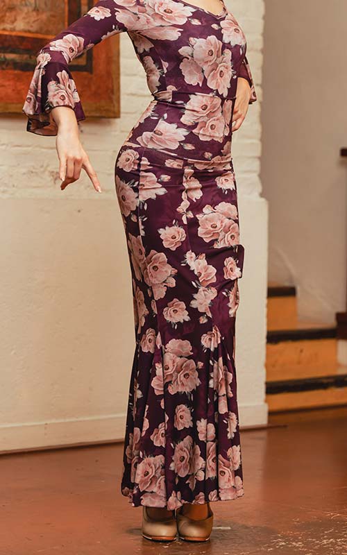 Falda flamenco Ogalla morada con estampado de flores rosas