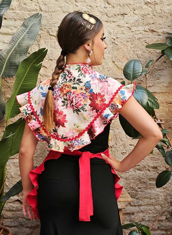 Conjunto Delantal y Mantoncillo  Flamenco Rojo con Flores
