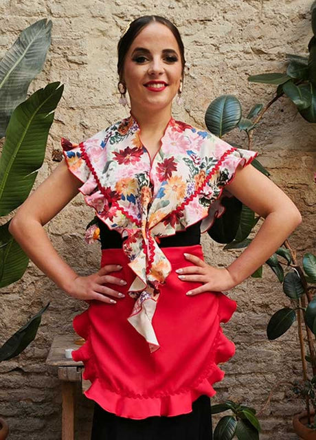 Ensemble tablier et châle de flamenco rouge à fleurs