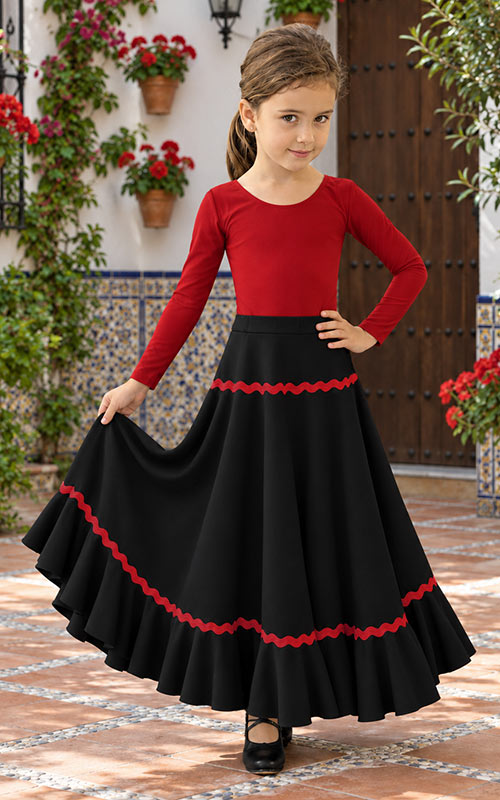 Falda flamenco de niña negra con adorno rojo y mucho vuelo