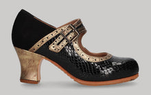 Zapato de baile flamenco profesional charol coco con ante negro y fantasía oro