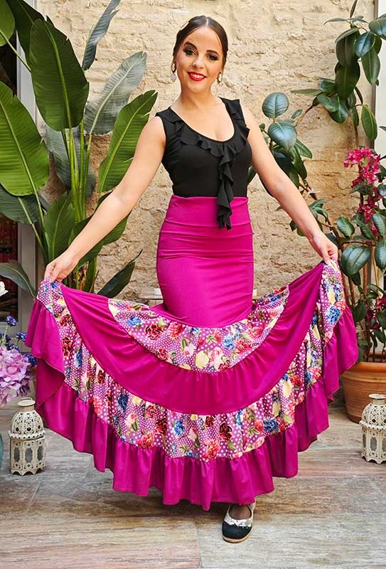 Buganvilla Flamenco Skirt Combined with Printed Crepe