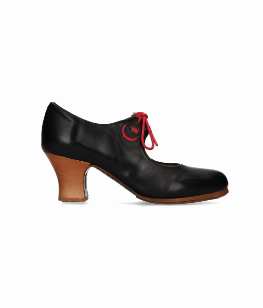 Zapato de baile flamenco profesional piel negro con adorno estrella y luna en rojo