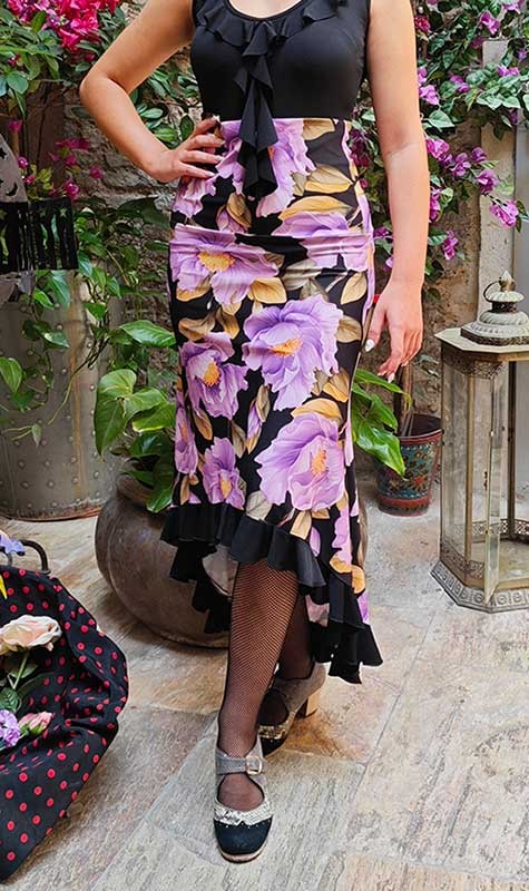 Falda-Sobrefalda Flamenco Estampada con Flores Malva y Volante Negro