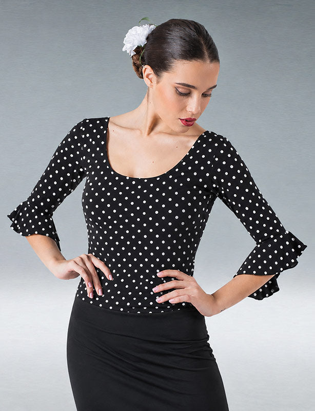 Top flamenco negro con lunares blancos pequeños