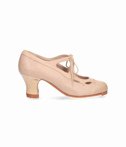 Zapato de baile flamenco profesional de piel repujada rosa maquillaje