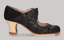 Zapato de baile flamenco profesional combinado en piel repujada negro y ante negro
