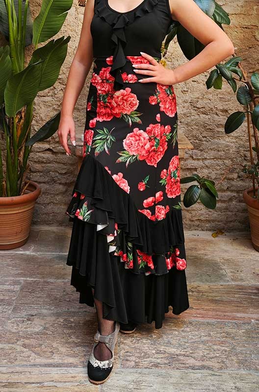Jupe flamenco noire à imprimé floral rouge et volants