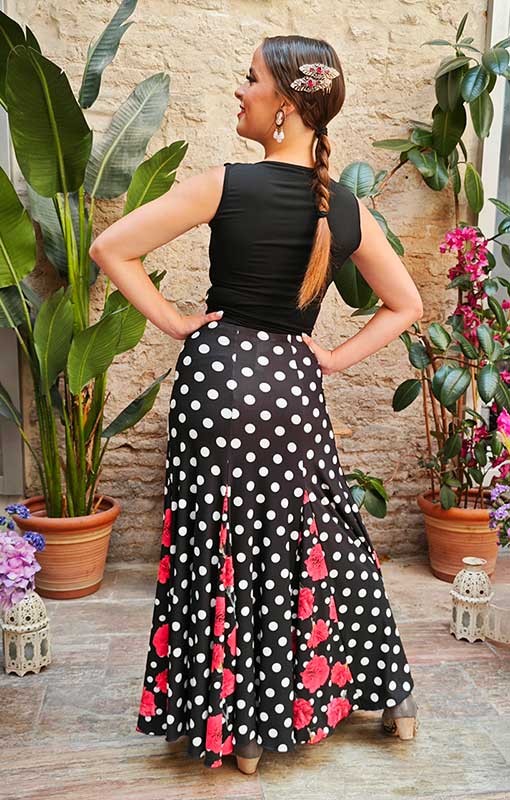 Falda Flamenco Negra con Estampado de lunares y Godets de Flores Rojas con Mucho Vuelo