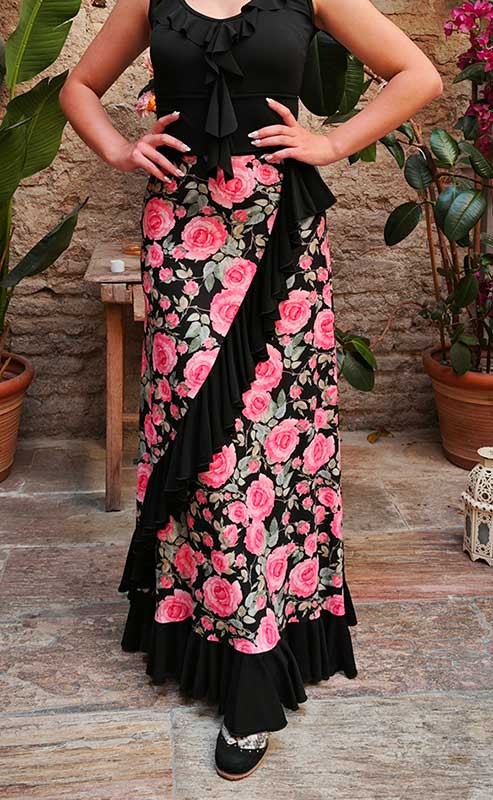 Floral Print Flamenco Skirt with Diagonal Ruffle and Black Bottom