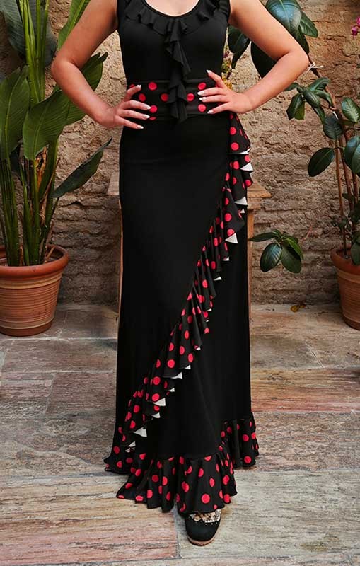 Black Flamenco Skirt with Diagonal Ruffle and Red Polka Dot Bottom