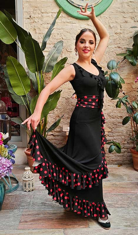 Falda Flamenco Negra con Volante Diagonal e Inferior con Lunares Rojos
