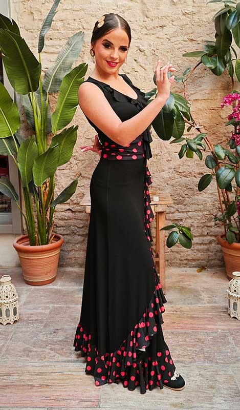 Black Flamenco Skirt with Diagonal Ruffle and Red Polka Dot Bottom