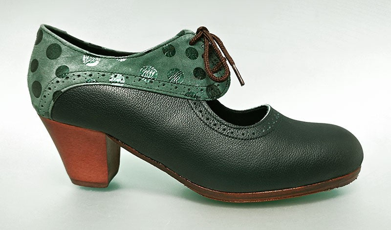 Zapato de baile flamenco profesional piel verde botella y fantasía con cordones
