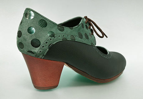 Professional flamenco dance shoe in bottle green leather and fantasy with laces