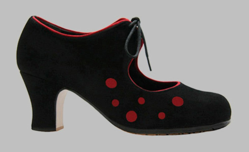 Zapato de baile flamenco profesional ante negro y lunares ante rojo