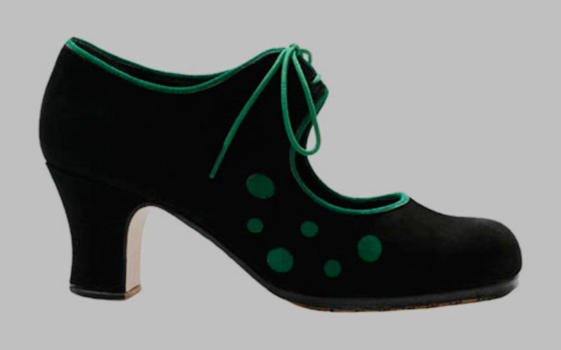 Zapato de baile flamenco profesional ante negro y lunares ante verde