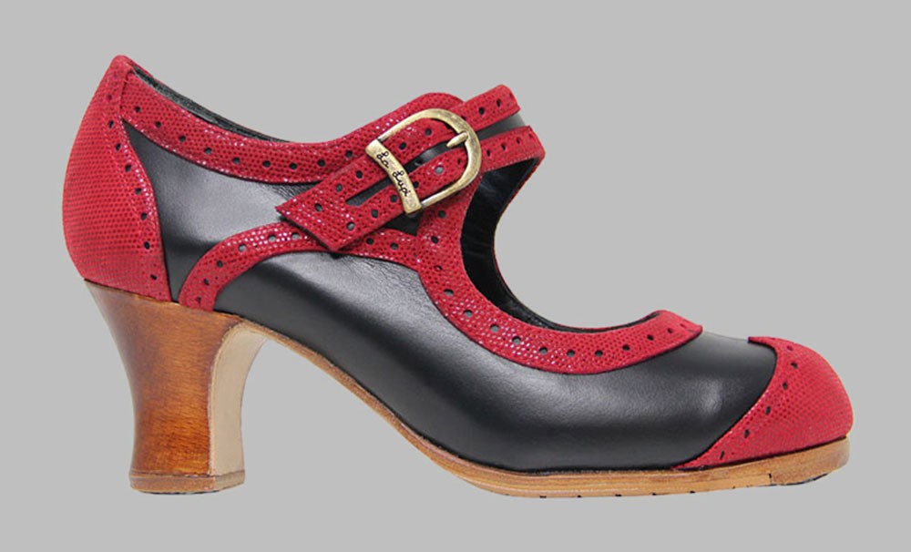 Zapato de Baile Flamenco Profesional Combinado Piel Negro y Rojo