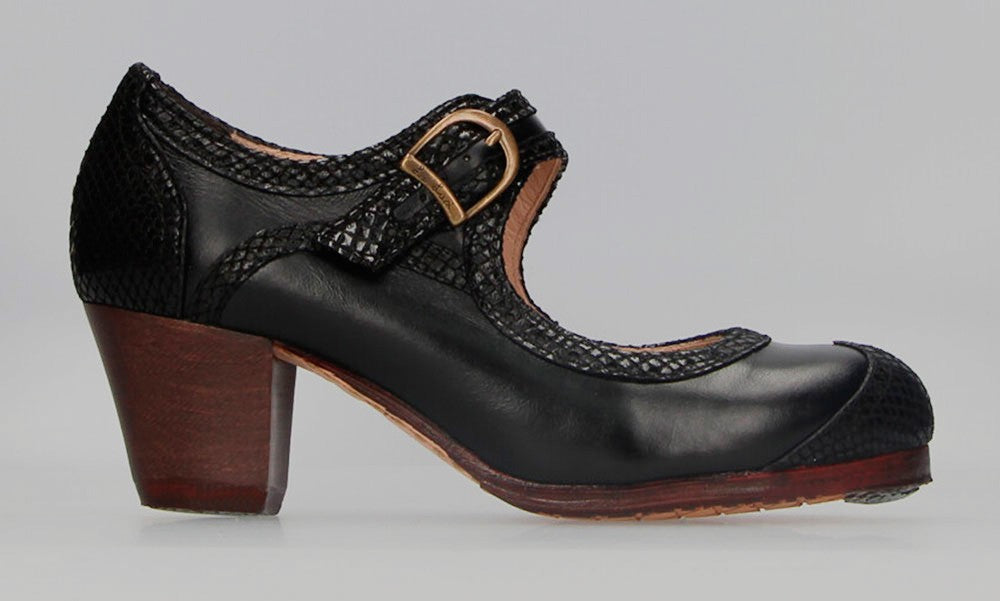 Zapato de Baile Flamenco Profesional Combinado Piel Negro y Fantasía con Tacón Cubano