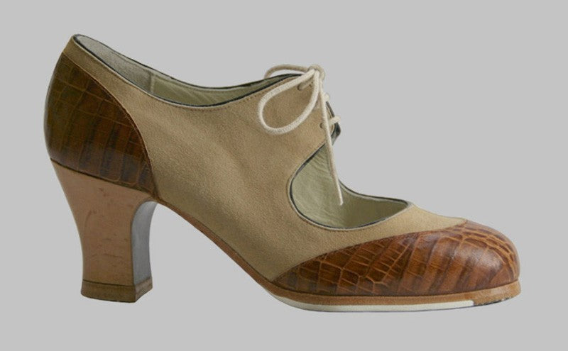 Professional Flamenco Dance Shoe in Beige Suede and Brown Leather