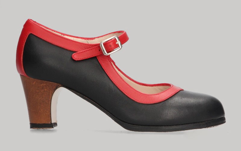 Chaussure de danse flamenco professionnelle en cuir noir et rouge avec boucle