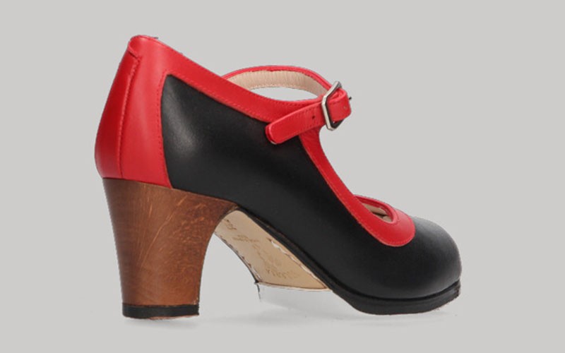Chaussure de danse flamenco professionnelle en cuir noir et rouge avec boucle