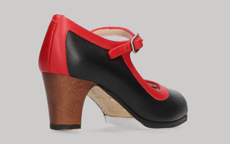 Zapato de baile Flamenco Profesional Combinado Piel Negro-Rojo con Hebilla