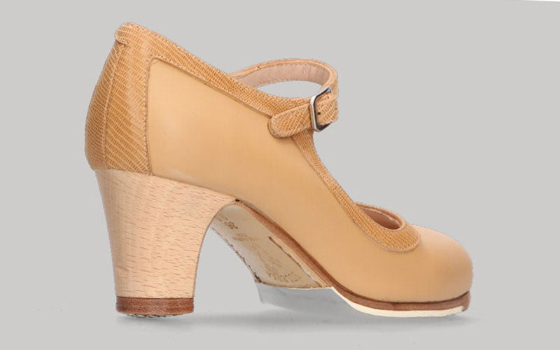 Zapato de baile Flamenco Profesional Combinado Piel y Fantasía Beige con Hebilla