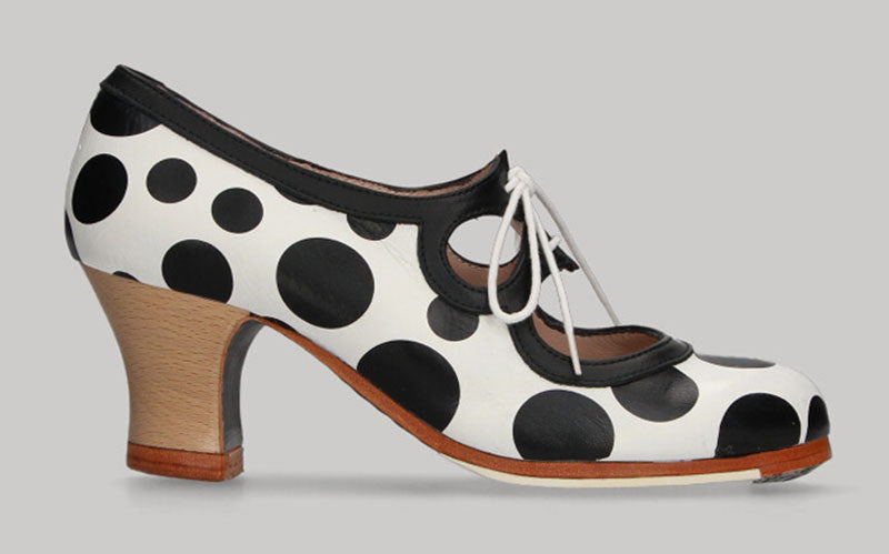 Zapato De Baile Flamenco Profesional con Cordones Blanco y Lunares Negro