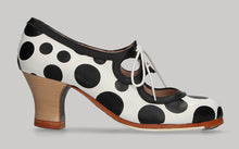 Zapato De Baile Flamenco Profesional con Cordones Blanco y Lunares Negro