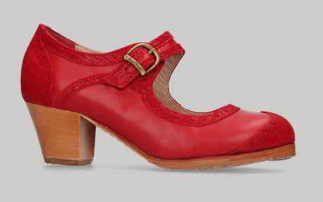 Zapato de Baile Flamenco Profesional Combinado Piel Rojo y Fantasía con Tacón Cubano