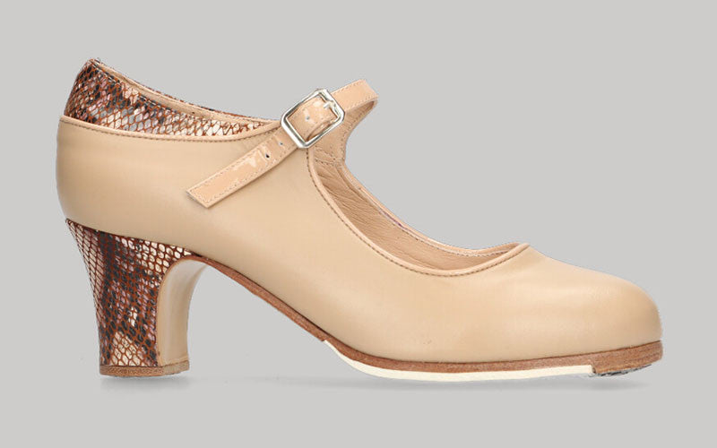 Chaussure de danse flamenco professionnelle combinée en cuir beige et motif serpent avec boucle