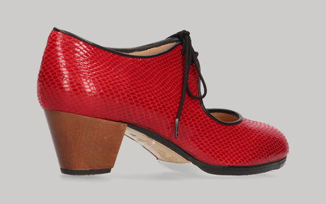 Zapato de baile Flamenco Profesional en Fantasía Serpiente Rojo con Cordones