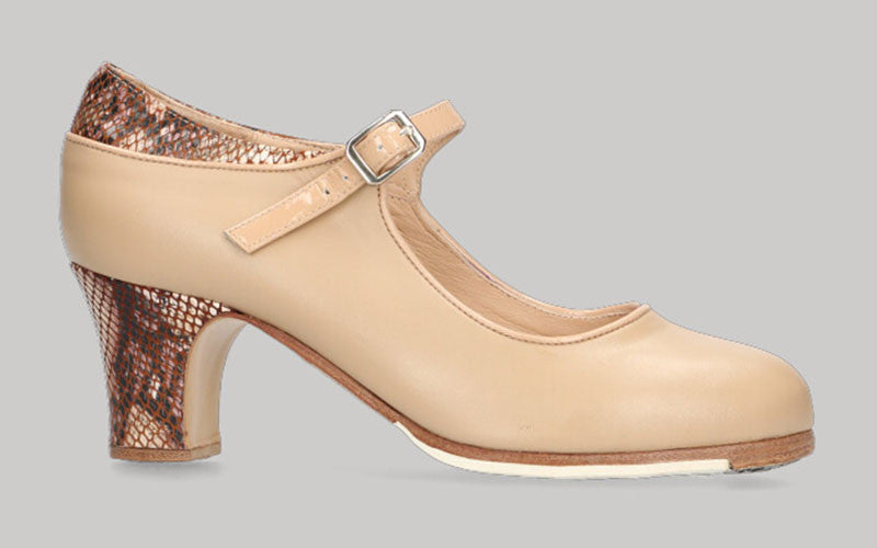 Chaussure de danse flamenco professionnelle combinée en cuir beige et motif serpent avec boucle