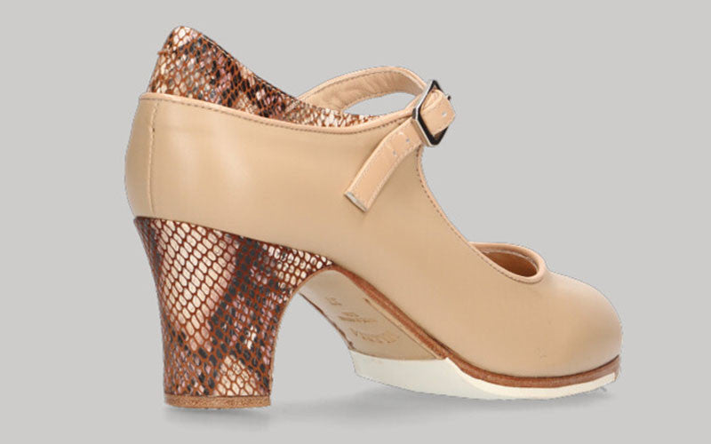 Chaussure de danse flamenco professionnelle combinée en cuir beige et motif serpent avec boucle