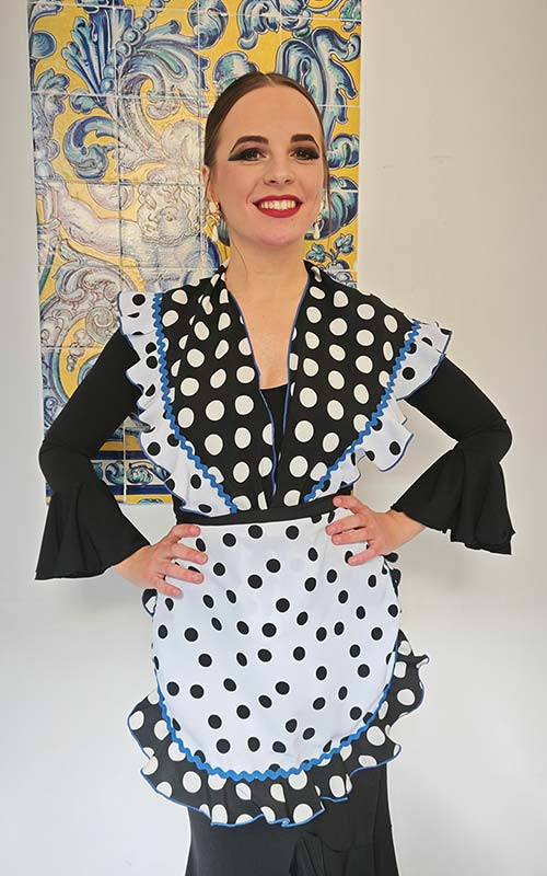 Conjunto Delantal y Mantoncillo  Flamenco Negro y Blanco con Lunares