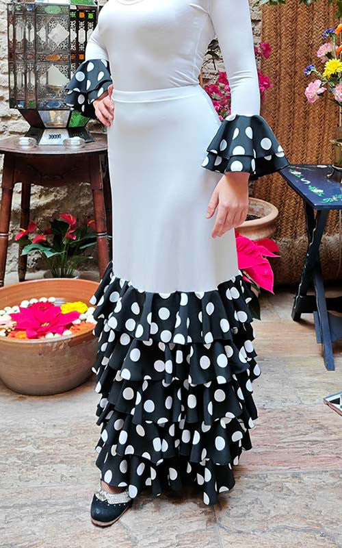 Jupe de flamenco blanche Zagra à 5 volants imprimés à pois