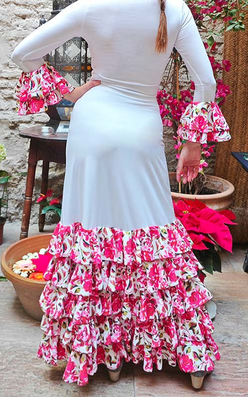 Jupe flamenco blanche Zagra à 5 volants à imprimé floral
